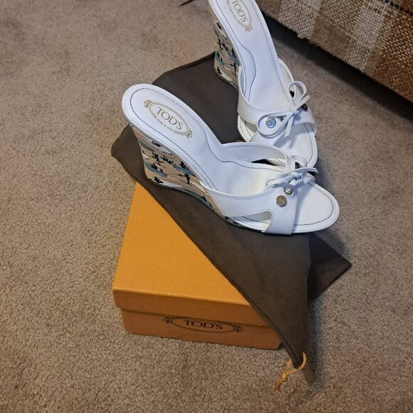 TOD'S High Heel Mules Wedge Sandals White Leather Size US 6.5 EUR Size 37 - Picture 3 of 7